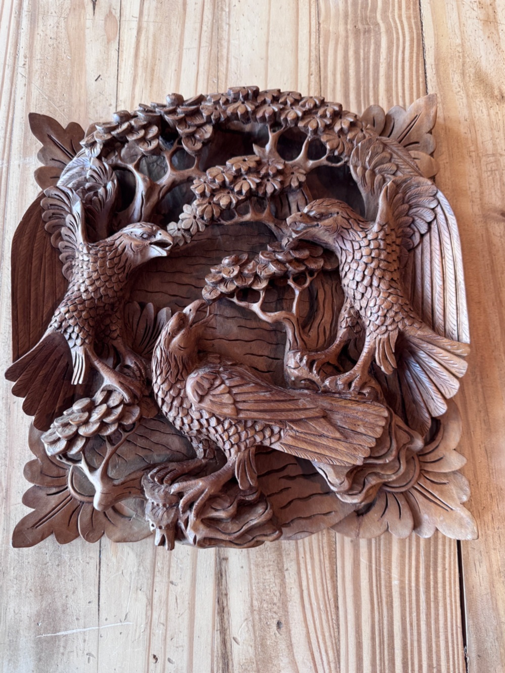 Hand-Carved Saur Wood Bird Wall Art - Rich Brown